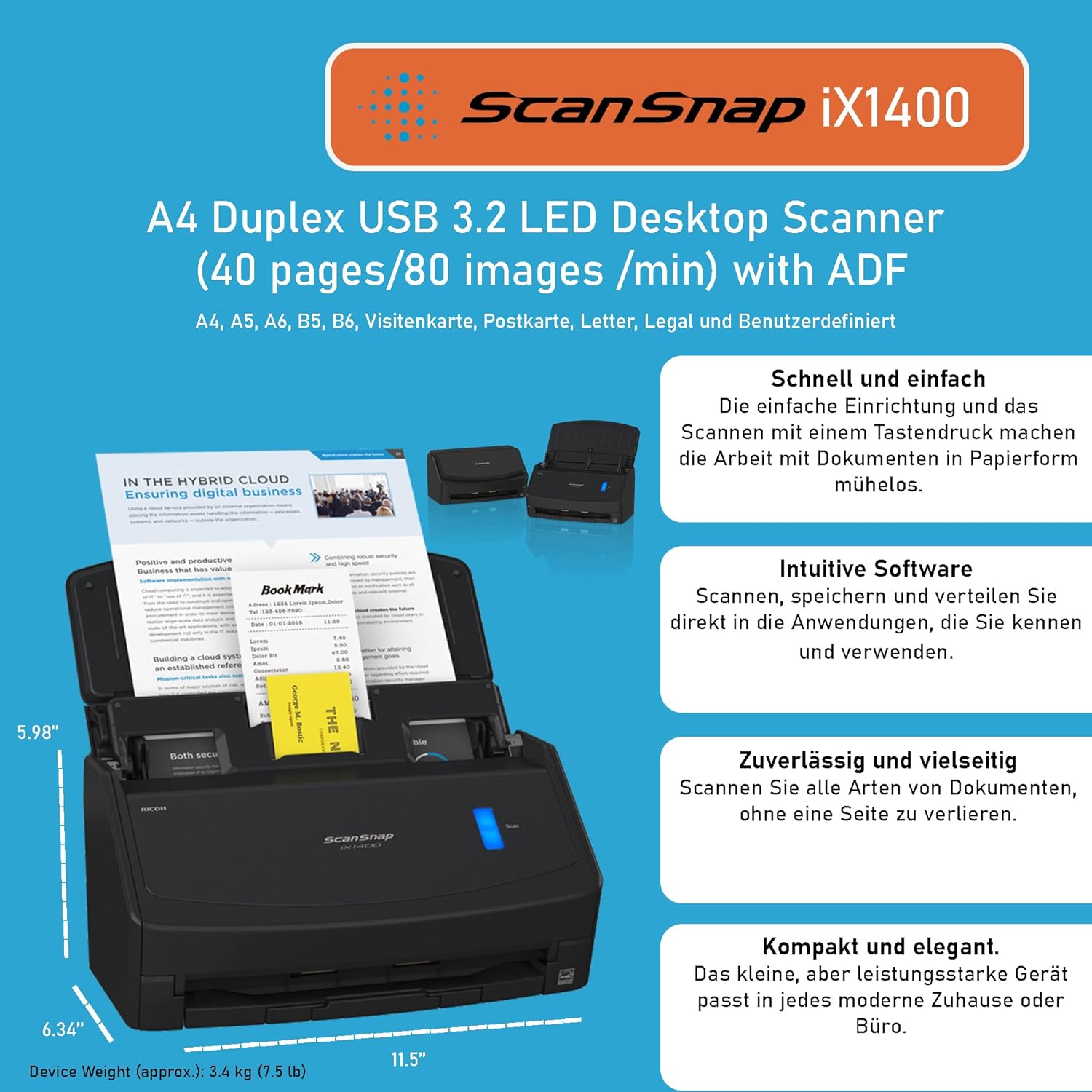 ScanSnap iX1400 Scanner da scrivania (Nero) - A4, fronte-retro, USB 3.2 con ADF