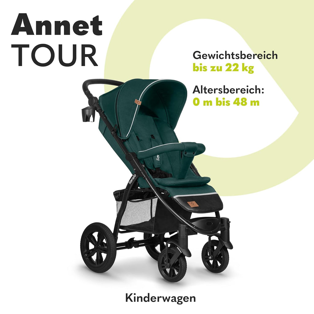 LIONELO Annet Tour Kinderwagen bis 22 kg, verstellbarer Griff, zusammenklappbar, verstellbare Rückenlehne bis zur Liegeposition, wartungsfreie Räder, XXL-Verdeck, 5-Punkt-Gurt, Einkaufskorb