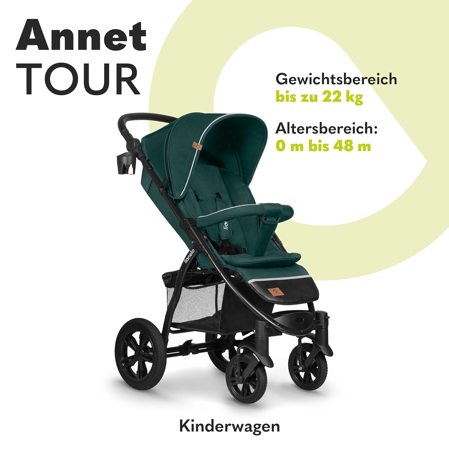 LIONELO Annet Tour Kinderwagen bis 22 kg, verstellbarer Griff, zusammenklappbar, verstellbare Rückenlehne bis zur Liegeposition, wartungsfreie Räder, XXL-Verdeck, 5-Punkt-Gurt, Einkaufskorb