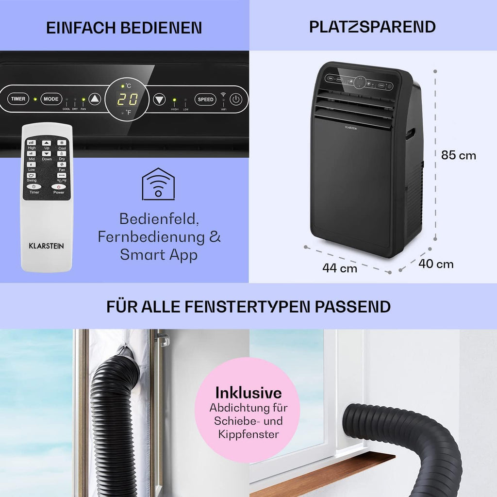 Klarstein Climatizzatore Portatile con Tubo di Scarico, Condizionatore 4-in-1 con Ventilatore, Deumidificatore e Modalità Notturna, Piccolo e Portatile per Casa e Ufficio, Controllo tramite App, 12000 BTU