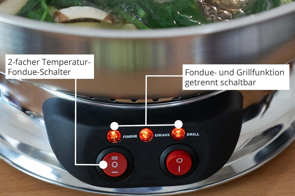 UNOLD 48746 Asia-Fondue - 1.950 W, per 6 persone con 6 forchette e cestelli, con piastra grill rimovibile, coperchio in vetro, pentola per fonduta in acciaio inossidabile, funzione fonduta e grill