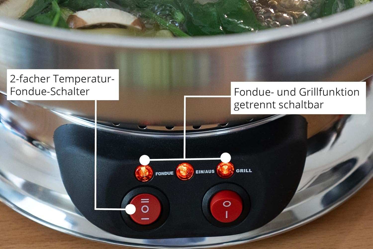 UNOLD 48746 Asia-Fondue - 1.950 W, per 6 persone con 6 forchette e cestelli, con piastra grill rimovibile, coperchio in vetro, pentola per fonduta in acciaio inossidabile, funzione fonduta e grill