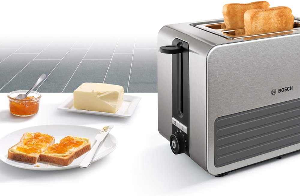Bosch TAT7S25 Kompakt-Toaster, Auftau/Aufknusperfunktion, 1050 W, Edelstahl/schwarz & WMF Lono Sandwich Maker, für 2 Standard- oder XXL-Toasts, 2-stufige Höhenanpassung, edelstahl matt