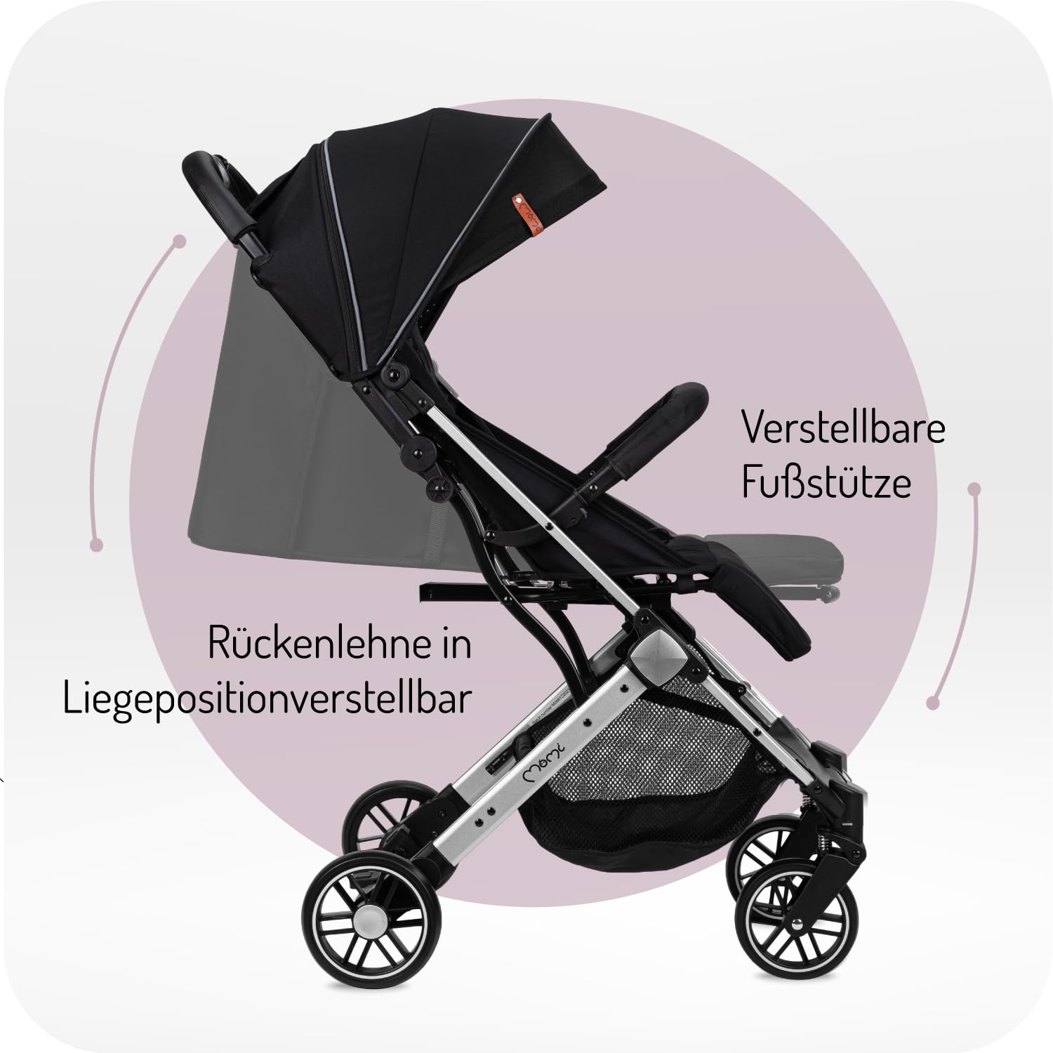 MOMI ESTELLE Kinderwagen für Kinder ab 6 Monat bis zu max körpergewicht von 15 kg, klappbar auf die Maße 65 x 51 x 21 cm, gewicht 7,5 kg, 5-Punkt-Sicherheitsgurt, koffer, grau-gold, Räder 6''/6,5''