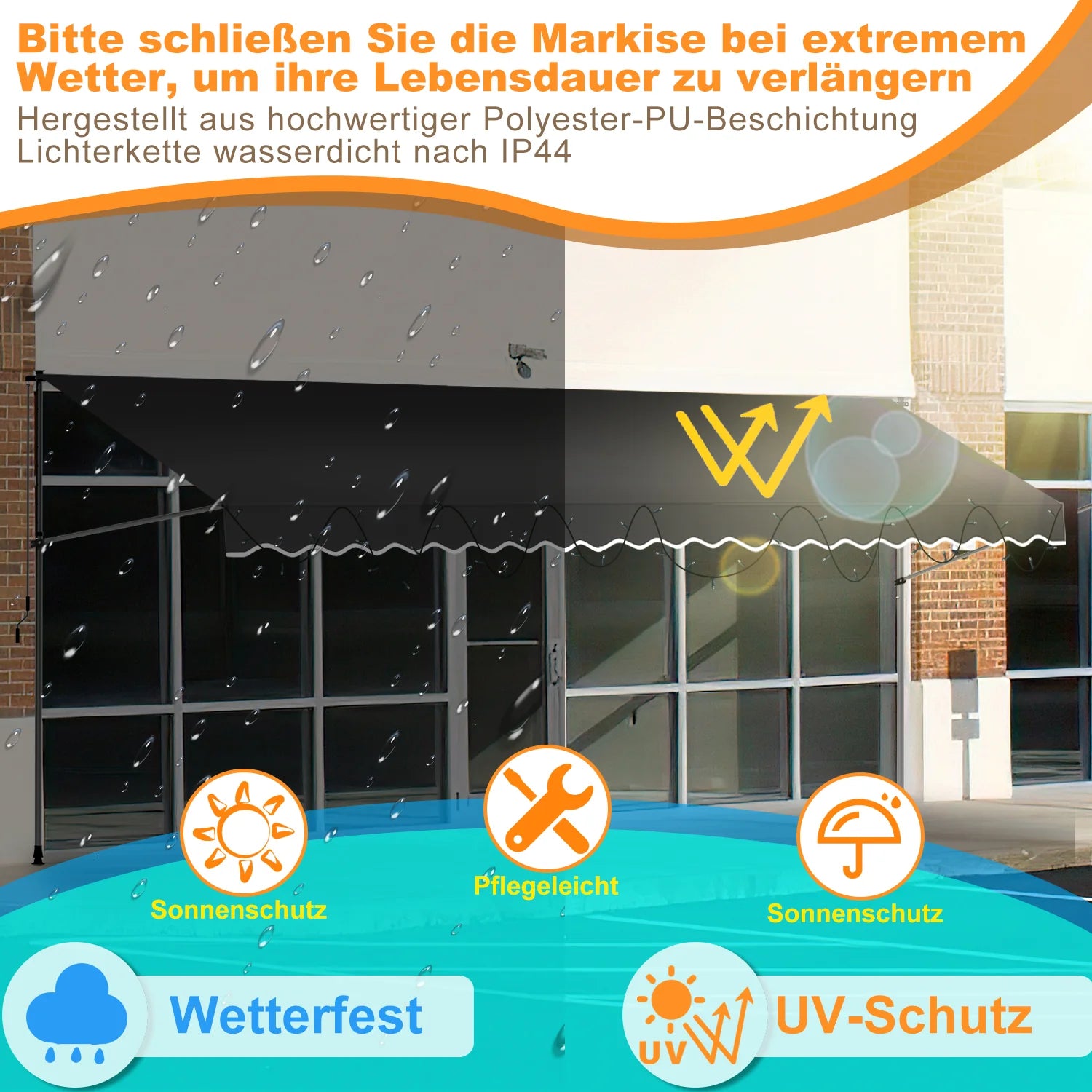 Sonnewelt Klemmmarkise mit Handkurbel mit Solar LED Lichtkette