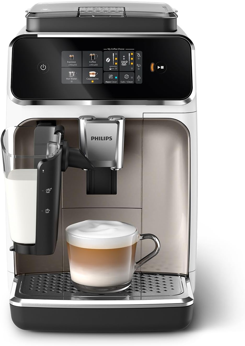 Macchina da caffè espresso automatica Philips Serie 2300 - 4 bevande, display touch a colori moderno, sistema del latte LatteGo, SilentBrew, macine in ceramica, filtro AquaClean. Cromata bianca (EP2333/40)