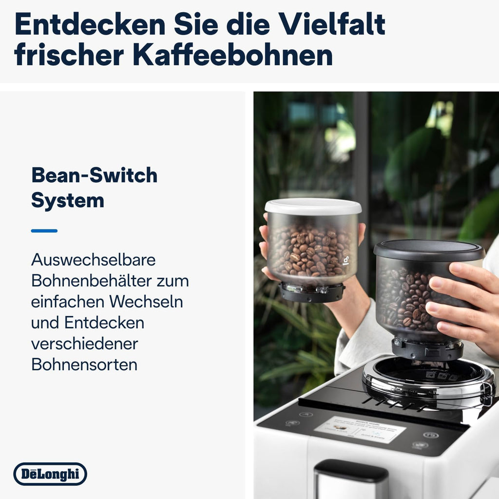 De'Longhi Rivelia EXAM440.55.W Macchina da Caffè Automatica con Sistema LatteCrema, Contenitore chicchi intercambiabile, 16 bevande caffè e latte con un solo tocco, Funzione Extra Shot, Display Touch da 3,5 pollici, Bianco