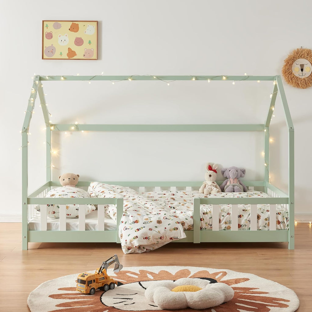 [en.casa] Letto per bambini Sisimiut a capanna 80 x 160 cm con protezione anticaduta letto in legno per bambini letto a terra rete a doghe in legno di pino Bianco opaco