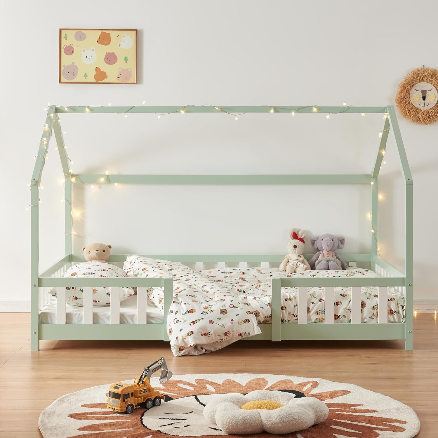 [en.casa] Letto per bambini Sisimiut a capanna 80 x 160 cm con protezione anticaduta letto in legno per bambini letto a terra rete a doghe in legno di pino Bianco opaco