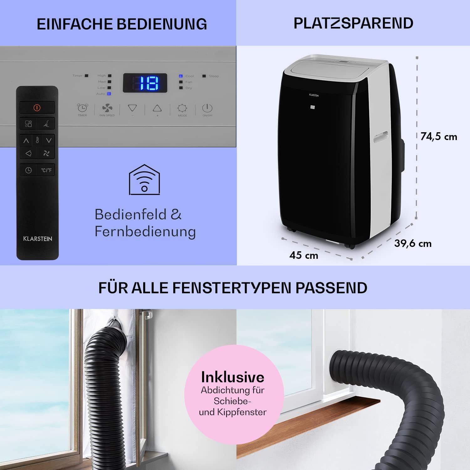 KLARSTEIN Grandbreeze Pro 14K – Condizionatore portatile, deumidificatore, ventilatore, 3 velocità, 14000 BTU/1,65 kW, superficie: da 42 a 68 m², flusso: 460 m³/h, CEE A – Bianco