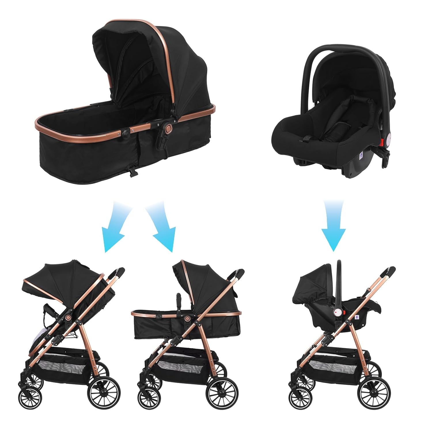 Vinteky 3 in1 Kinderwagen Buggy Kombikinderwagen Reisebuggy Komplett-Set inkl. Babywanne & Buggy Sportsitz & Auto-Babyschale Zusammenklappbar Shwarz