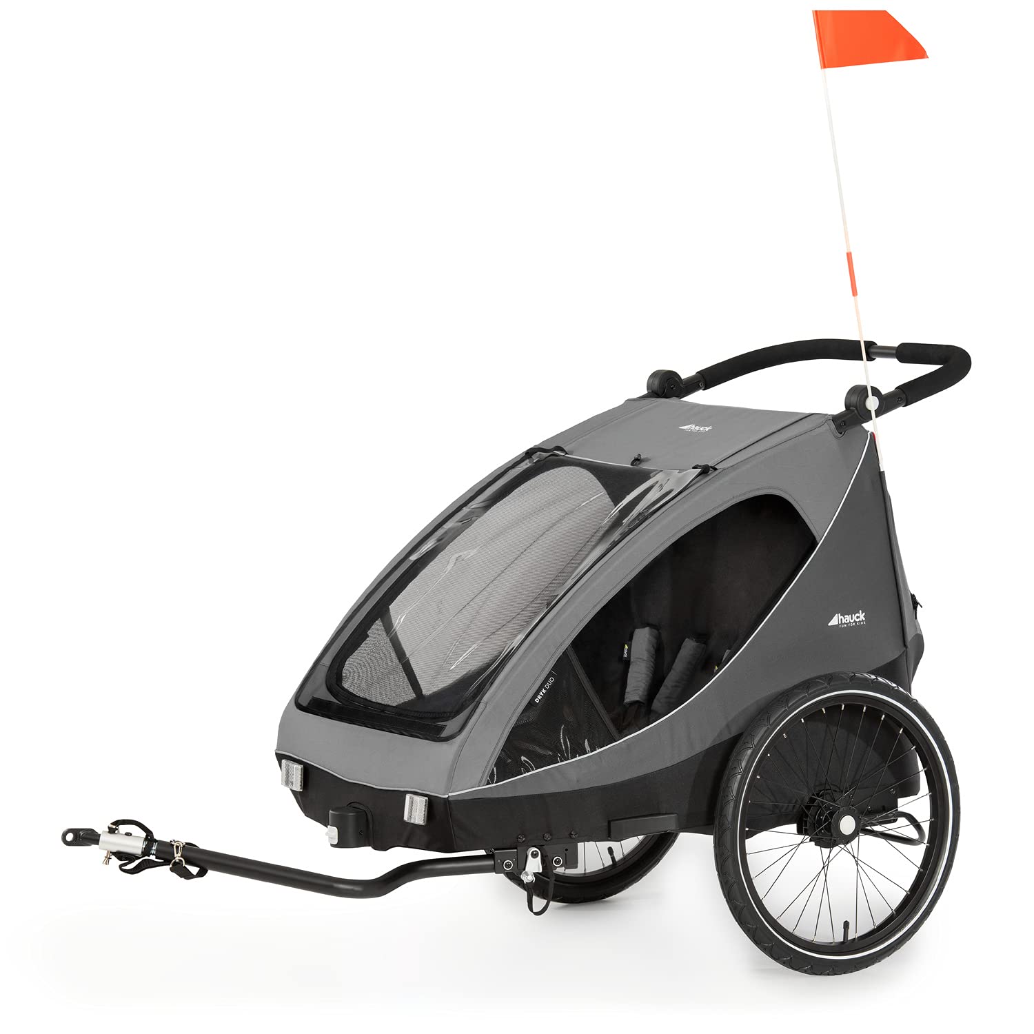 hauck Rimorchio Bici & Passeggino Dryk Duo Plus con Sospensioni, per 2 Bambini (6-48 mesi), incl. Timone, Ruota da Passeggino, Bandierina e Luce LED, Pieghevole, Regolabile in Altezza, Baule XL (Verde Scuro)