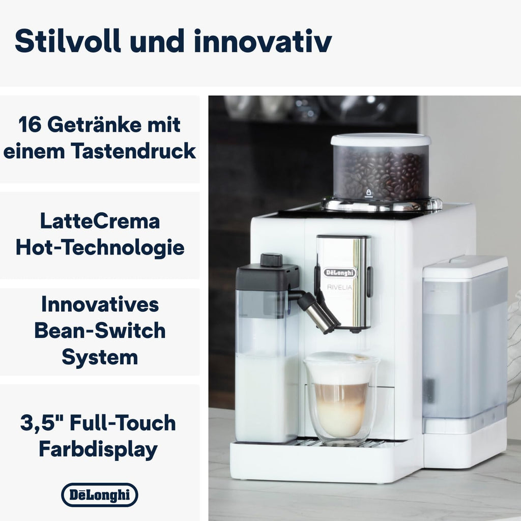De'Longhi Rivelia EXAM440.55.W Macchina da Caffè Automatica con Sistema LatteCrema, Contenitore chicchi intercambiabile, 16 bevande caffè e latte con un solo tocco, Funzione Extra Shot, Display Touch da 3,5 pollici, Bianco
