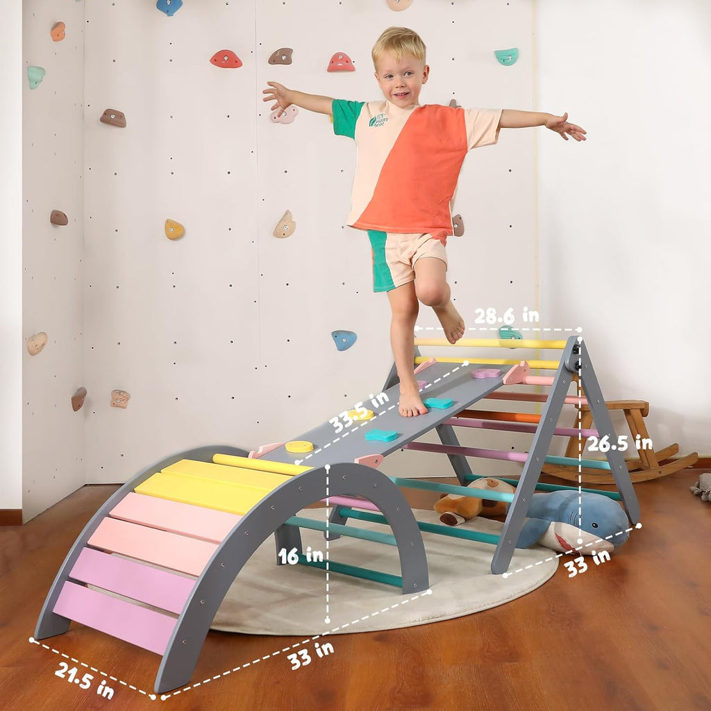 Set di triangoli con cuscino, set da arrampicata Montessori 5 in 1 pieghevole, set da arrampicata per interni per bambini, giocattolo da arrampicata in legno con rampa e arco da arrampicata per bambini (colore legno)