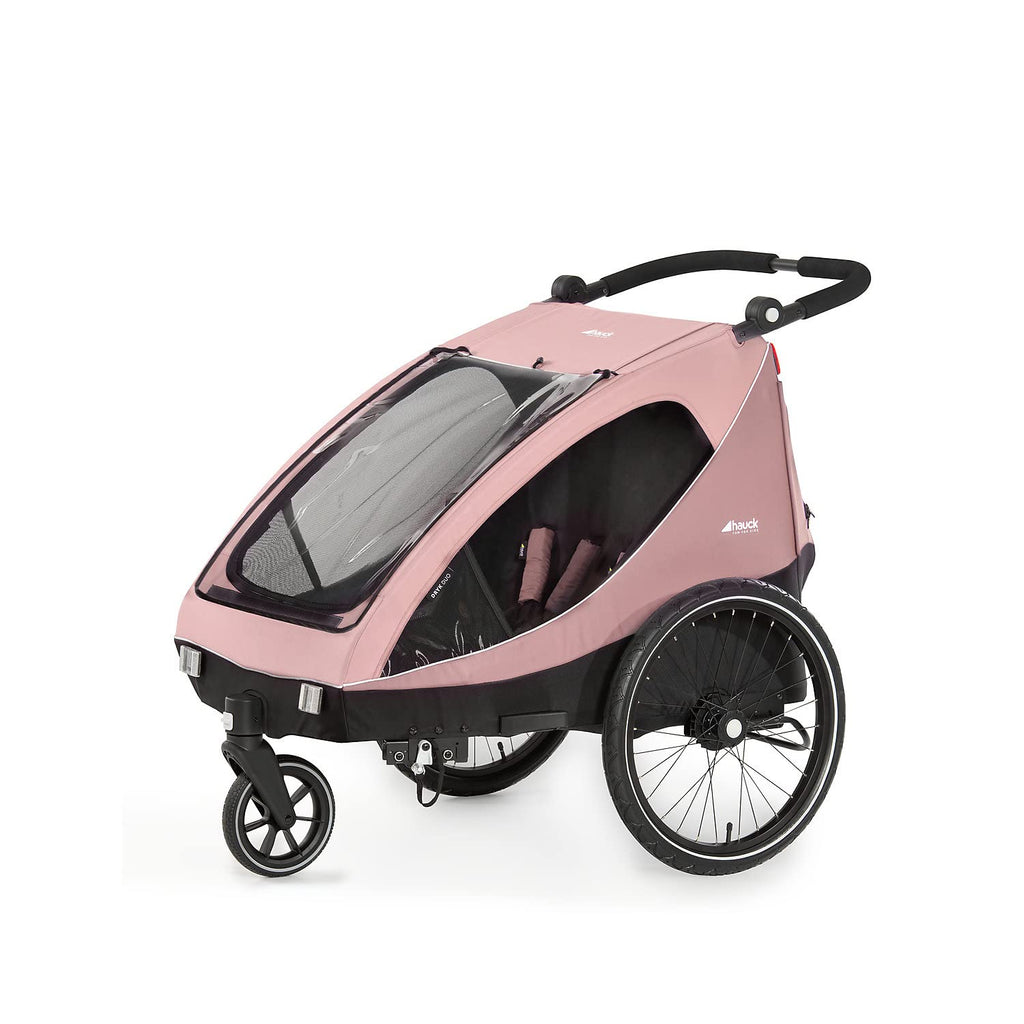 hauck Rimorchio Bici & Passeggino Dryk Duo Plus con Sospensioni, per 2 Bambini (6-48 mesi), incl. Timone, Ruota da Passeggino, Bandierina e Luce LED, Pieghevole, Regolabile in Altezza, Baule XL (Verde Scuro)