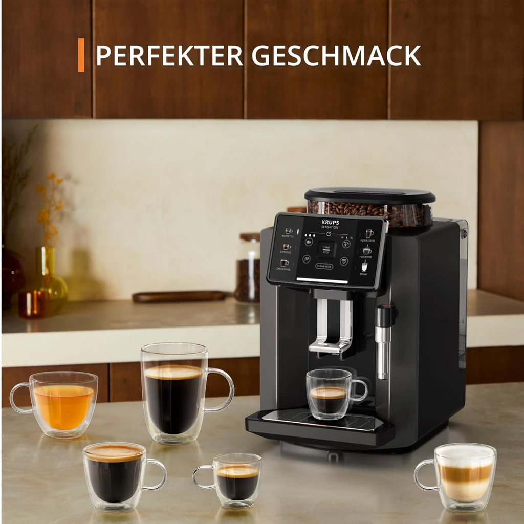 Krups Sensation Macchina da Caffè Automatica, Lancia Vapore, 5 Bevande, Funzione Caffè Filtro, Funzione 2 Tazze, Caffettiera, Nero, EA910810