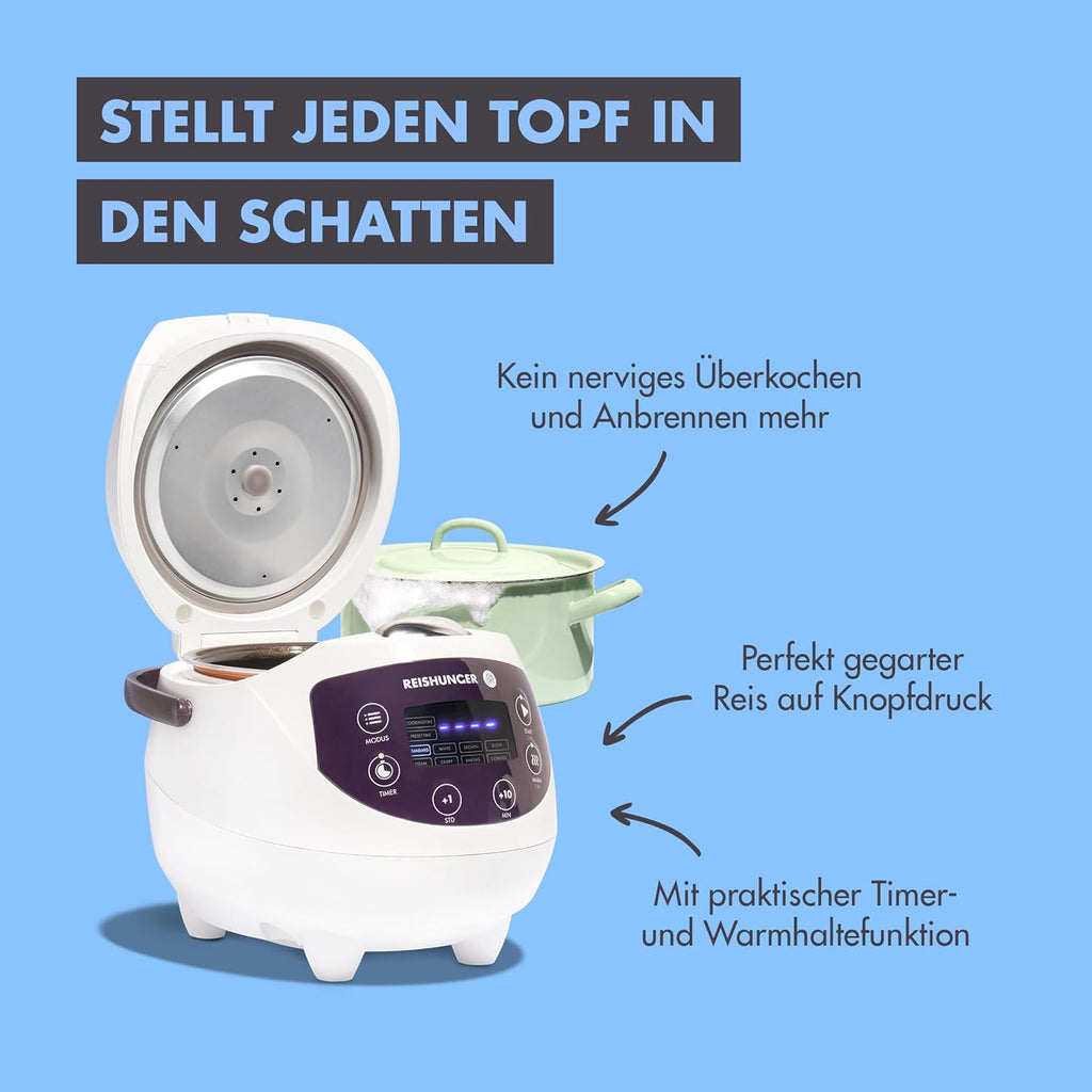 REISHUNGER Cuociriso digitale piccolo, nero | Da 0,6 L fino a 3 persone | Funzione mantenimento calore, timer e pentola premium | Multicooker e vaporiera piccoli, 8 programmi, tecnologia a 7 fasi