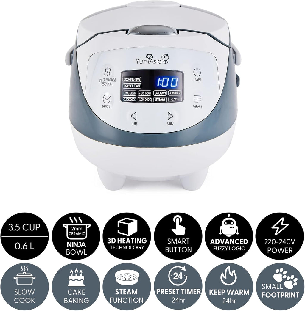 Yum Asia Panda Mini-Reiskocher mit Ninja-Keramikschüssel und Advanced Fuzzy Logic (3,5 Tassen, 0,63 Liter) 4 Reisfunktionen, 4 Multicooker-Funktion, 220–240V