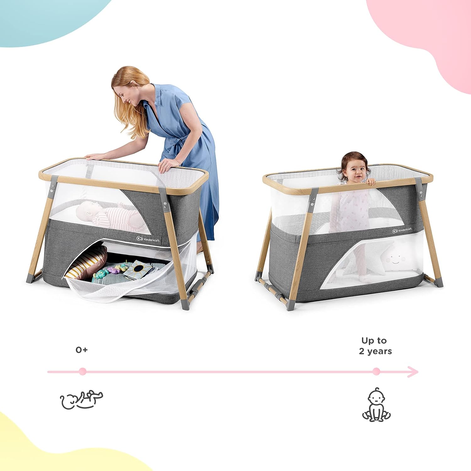 Kinderkraft Culla da Viaggio 4 in 1 SOFI, Culle per Bambini, Lettino, Lettino da Affiancare al Letto, Lettino da Viaggio con Accessori, con Funzione Box, Design Moderno, Dimensioni Ridotte da Piegato, Grigio