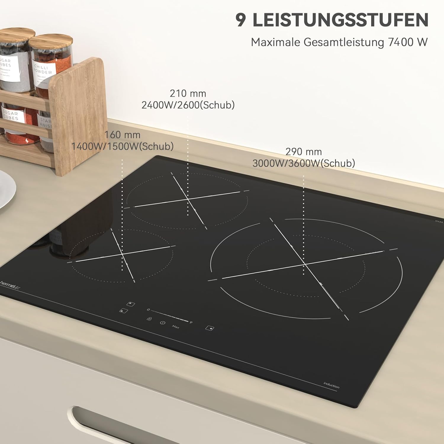 Induktionskochfeld 60cm, Eingebautes Schwarzes elektrisches Kochfeld, mit 4 Kochzonen, 9 Leistungsstufen, Geeignet für Eisen- und Edelstahltpf
