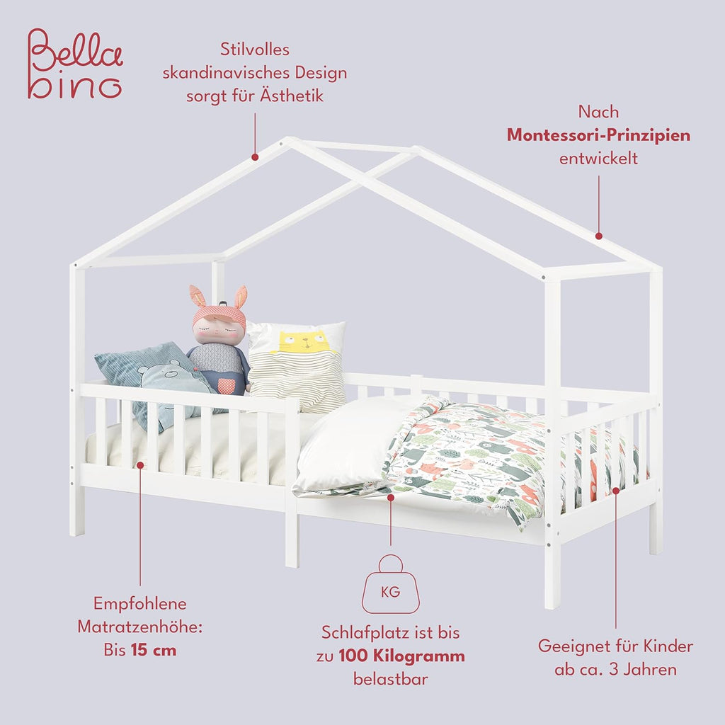 Bellabino Lettino per bambini Bia 140x200 cm, letto a capanna per bambini con protezione anticaduta e rete a doghe arrotolabile, letto a terra Montessori bianco in legno massello di pino