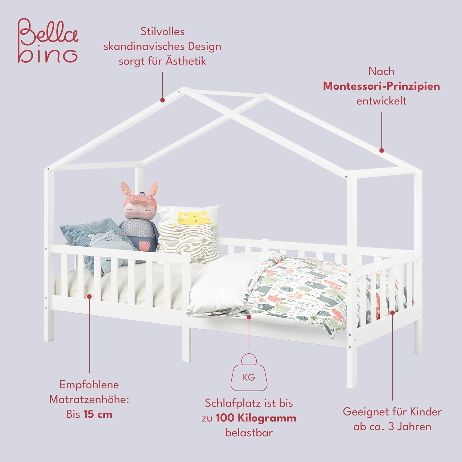 Bellabino Lettino per bambini Bia 140x200 cm, letto a capanna per bambini con protezione anticaduta e rete a doghe arrotolabile, letto a terra Montessori bianco in legno massello di pino