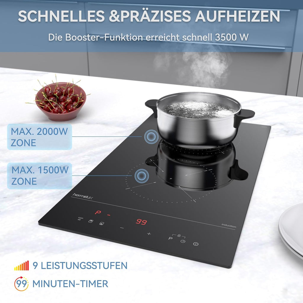 Induktionskochfeld 60cm, Eingebautes Schwarzes elektrisches Kochfeld, mit 4 Kochzonen, 9 Leistungsstufen, Geeignet für Eisen- und Edelstahltpf