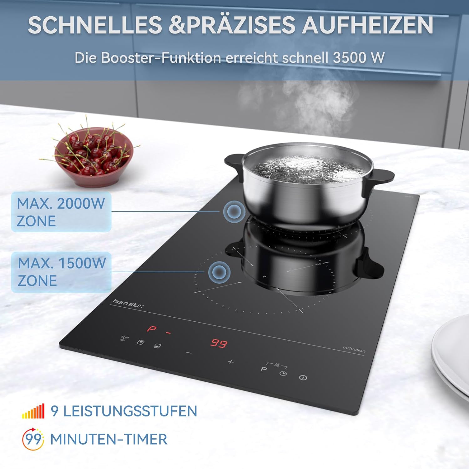 Induktionskochfeld 60cm, Eingebautes Schwarzes elektrisches Kochfeld, mit 4 Kochzonen, 9 Leistungsstufen, Geeignet für Eisen- und Edelstahltpf