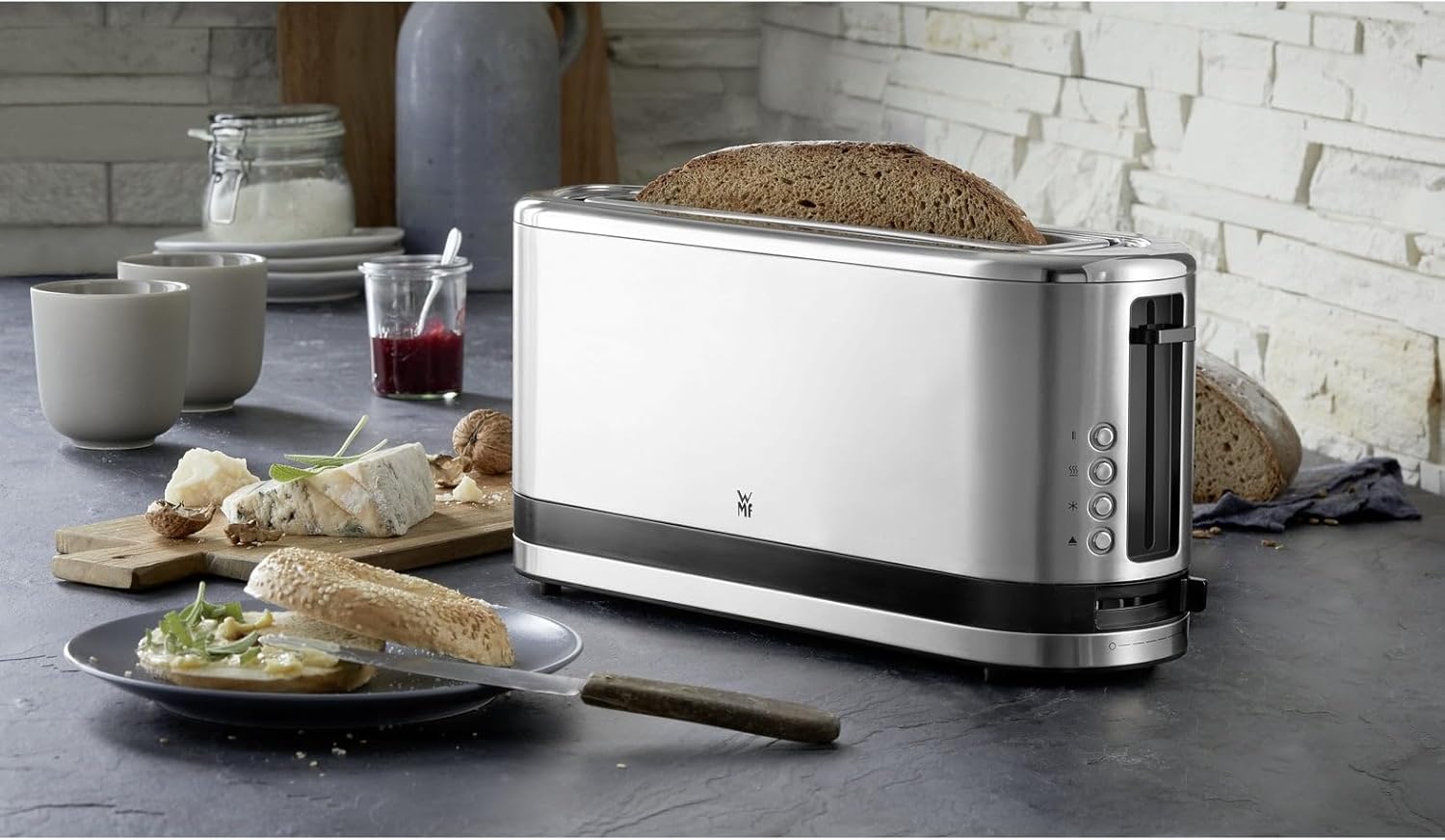 WMF Küchenminis Tostapane a fessura lunga con accessorio scaldabriosche, 2 fette, XXL, funzione bagel, 7 livelli di doratura, 900W, Tostapane acciaio inox opaco