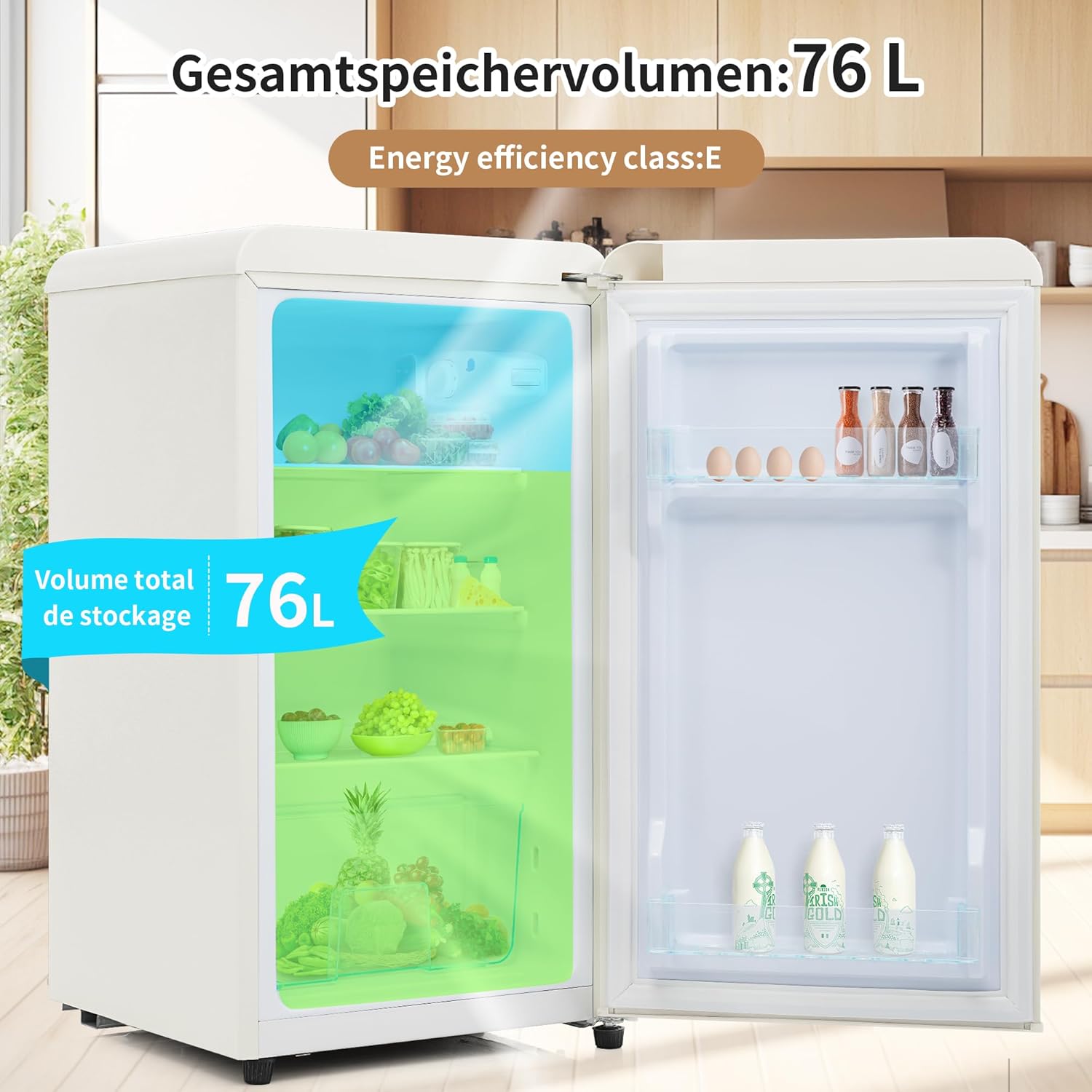 Merax Frigorifero con Congelatore, Frigorifero Combinato, Piccolo Frigorifero con 51L e Congelatore 21L, Silenzioso, LED, Ripiani in Vetro, Cassetto Verdura, Balconcini, per Cucina, Soggiorno, Ufficio, Nero