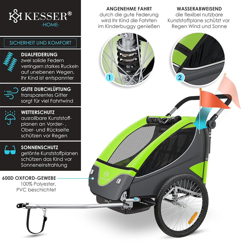 KESSER® Kinderanhänger Fahrradanhänger 360° Drehbar mit Federung 2in1 Joggerfunktion Kinderfahrradanhänger + 5-Punkt Gurt Jogger Fahrrad Anhänger für 1 bis 2 Kinder max. 40kg Inkl. Warnfahne, Schwarz