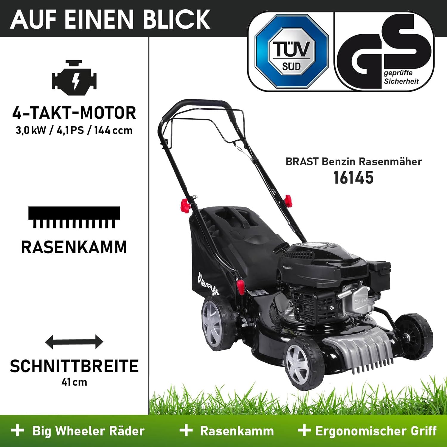 BRAST Tosaerba a Benzina con Trazione | 3,0kW (4,1PS) | Avviamento Elettrico | 41cm Larghezza di Taglio | Vari Modelli | TÜV | Motore 4 Tempi OHV | Altezza di Taglio 25-75mm | Cesto Raccolta 40L | Scocca in Acciaio | 16145 Estart