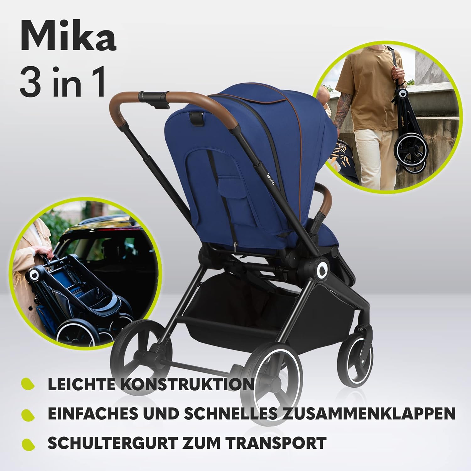 Passeggino LIONELO MIKA PLUS 3-in-1, da 0 a 48 mesi, fino a 22 kg, navicella fino a 9 kg, seggiolino auto fino a 13 kg, schienale regolabile, ammortizzazione, ruote a 360°, cappottina XXL