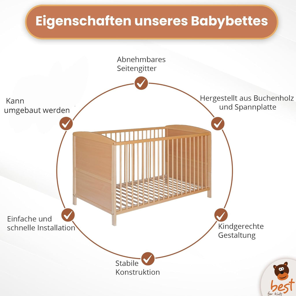 Best for Home - Baby Bett | Babybett 70x140 cm in Weiß und Braunfarbe | Junior Babybett Umbaubar | Cot ohne Matratze | Weiß Komplett Set Bebek Yatagi & Baby Cot | Babybett für Mädchen und Jungen