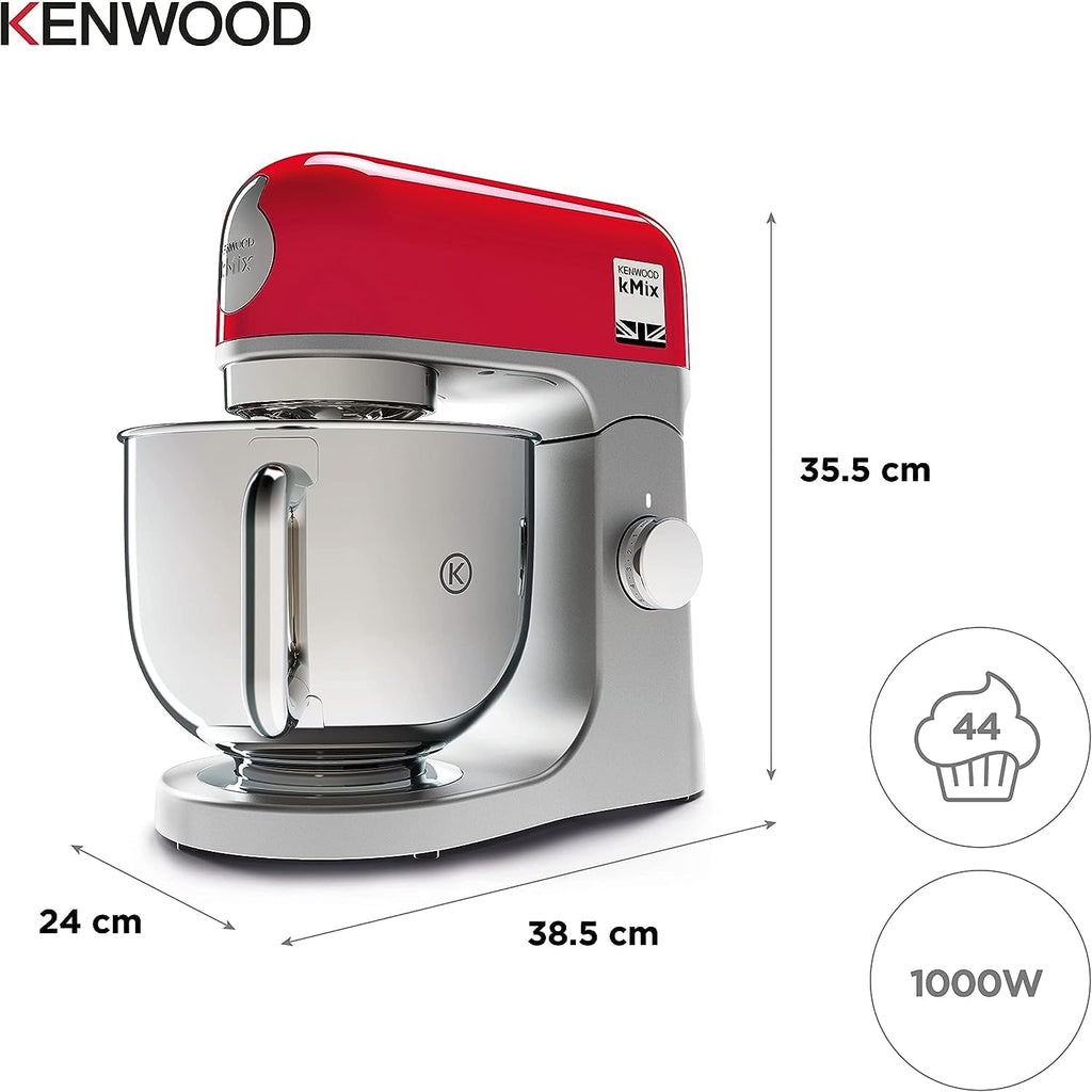 Kenwood kMix KMX750RD Robot da cucina, Ciotola in acciaio inox da 5 litri, Sistema di sicurezza Safe-Use, Corpo in metallo, 1000 Watt, Inclusi set di 3 accessori da pasticceria e paraspruzzi, Rosso