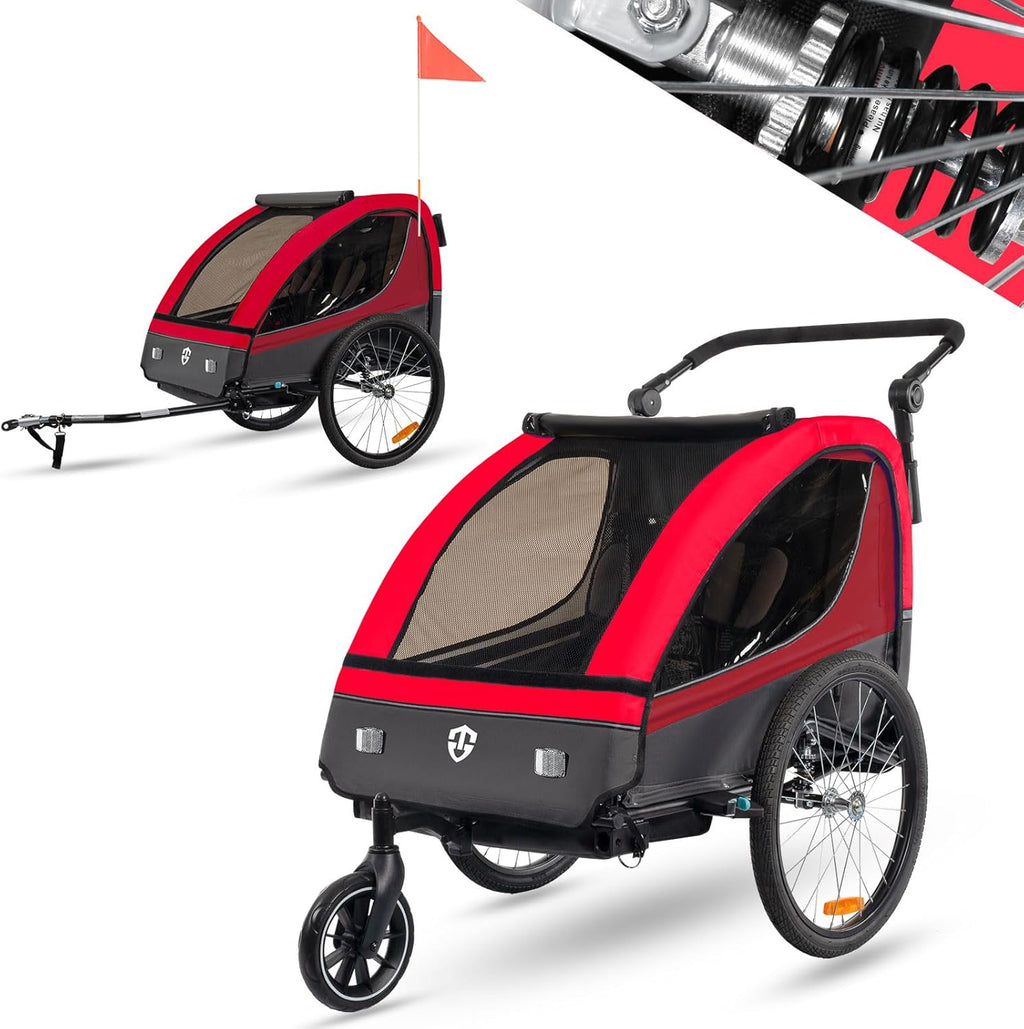 Tiggo VS Kinderanhänger 360° Drehbar mit Federung 2in1 Fahrradanhänger mit Buggy Set Jogger 5-Punkt Gurt Fahrrad Anhänger für 1 bis 2 Kinder max. 40kg