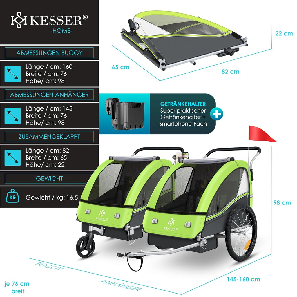 KESSER® Kinderfahrradanhänger Sport-RX 2in1 Jogger & Buggy 5-Punkt-Gurt Sicherheitsgurt 360° Vorderrad Kinderfahrradanhänger Reflektoren für 1-2 Kinder (max. 40 kg) Getränkehalter & Smartphonefach