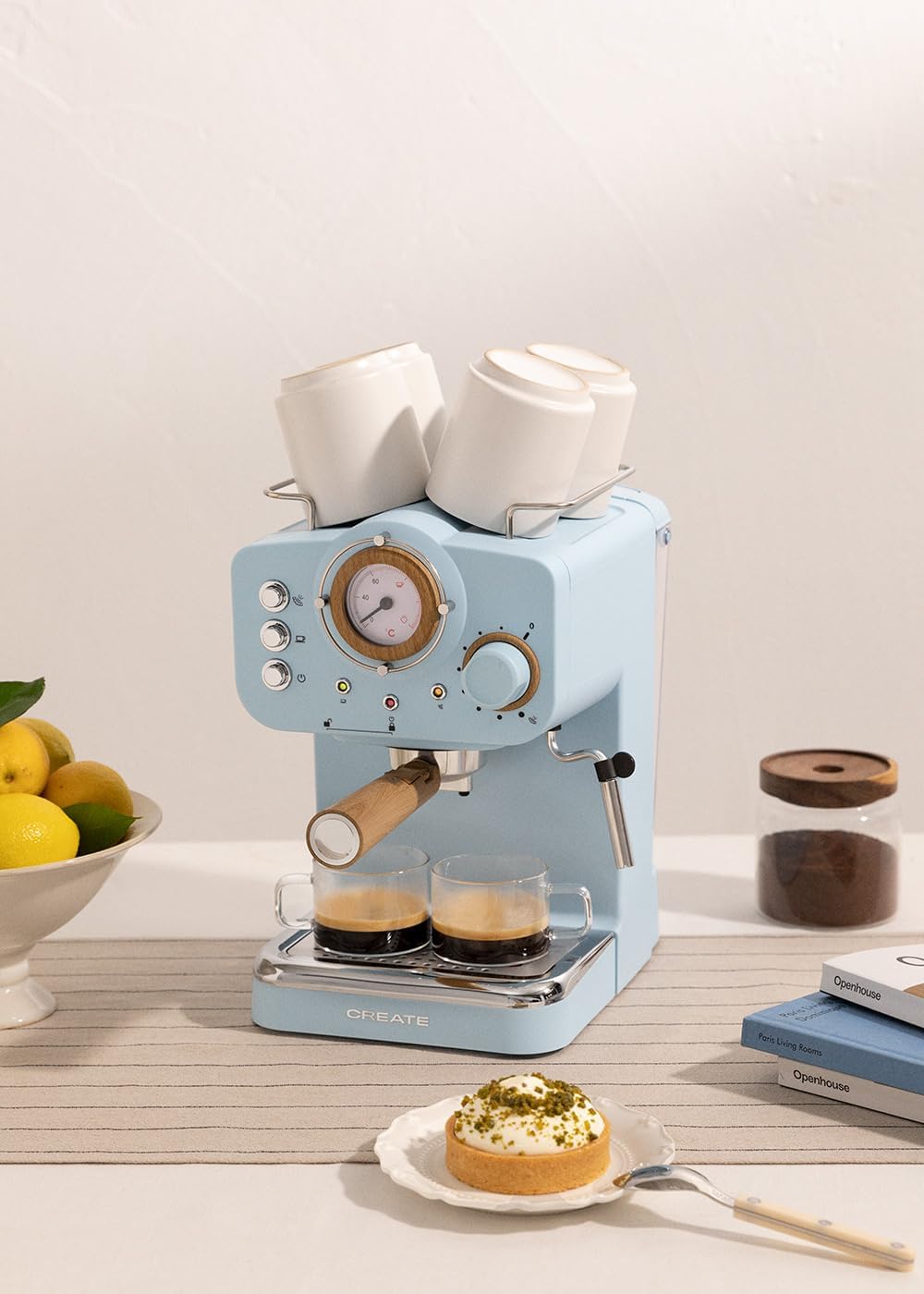 CREATE / THERA RETRO/Macchina da caffè espresso semiautomatica Rosa Pastello Opaco e Legno / Pompa a pressione 20bar, 1100W, Serbatoio acqua 1.25L, per caffè macinato, cialde ESE 55mm, con vaporizzatore, 1100W