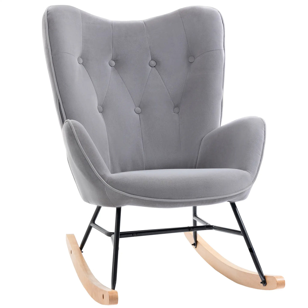 HOMCOM Sedia a Dondolo in Velluto con Schienale Alto Stile Scandinavo Grigio Chiaro
