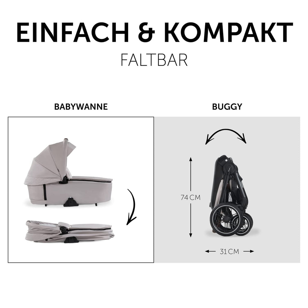 hauck 2in1 Kinderwagen mit Gummireifen Walk N Care Set ab Geburt bis 22 kg + 3 kg Korb, Wanne mit Memory-Knöpfen, Sitz mit Liegefunktion Wendbar Höhenverstellbar, Teleskopgriff, UPF 50+ (Beige)