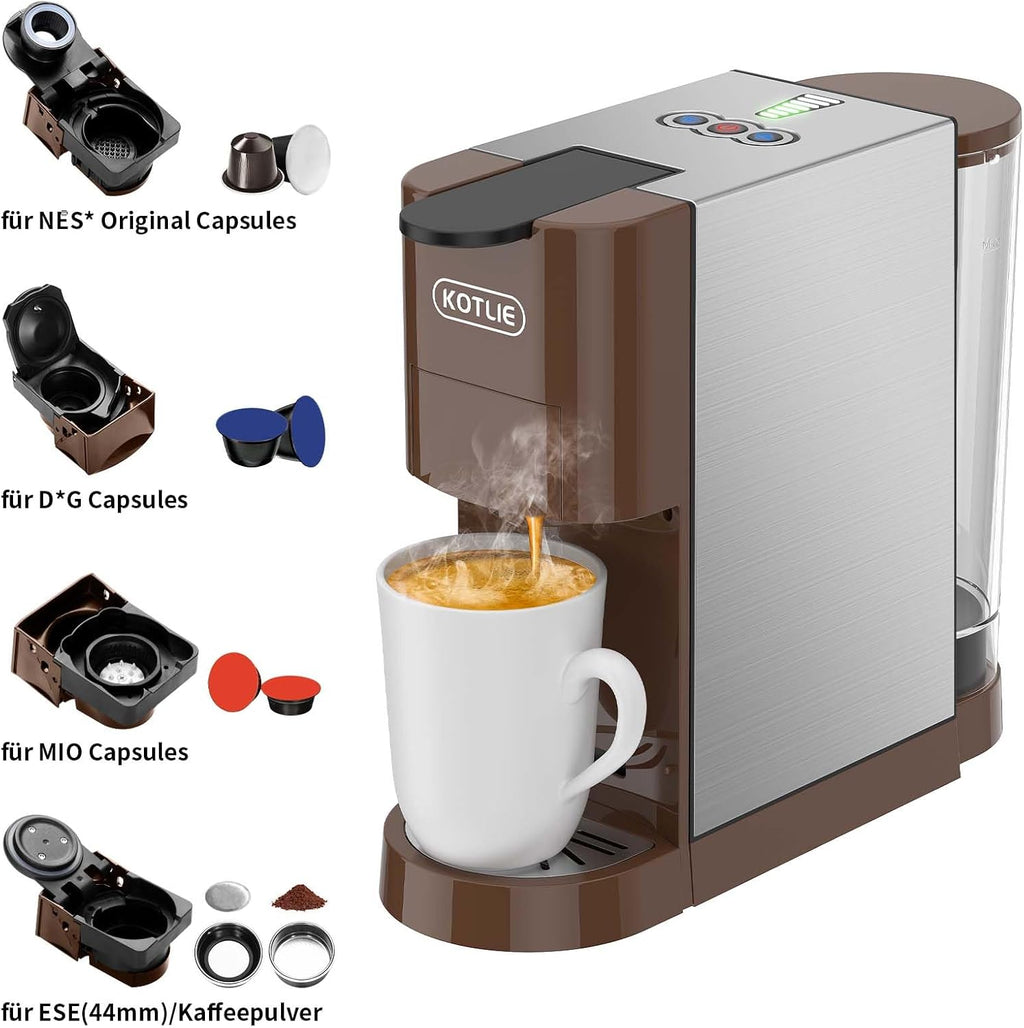 KOTLIE AC-513HF 5 in 1 Kaffeemaschine für NES/DG/a modo mio/Gemahlener Kaffee/ESE(44mm), Höhe für große Tassen (Schwarz)