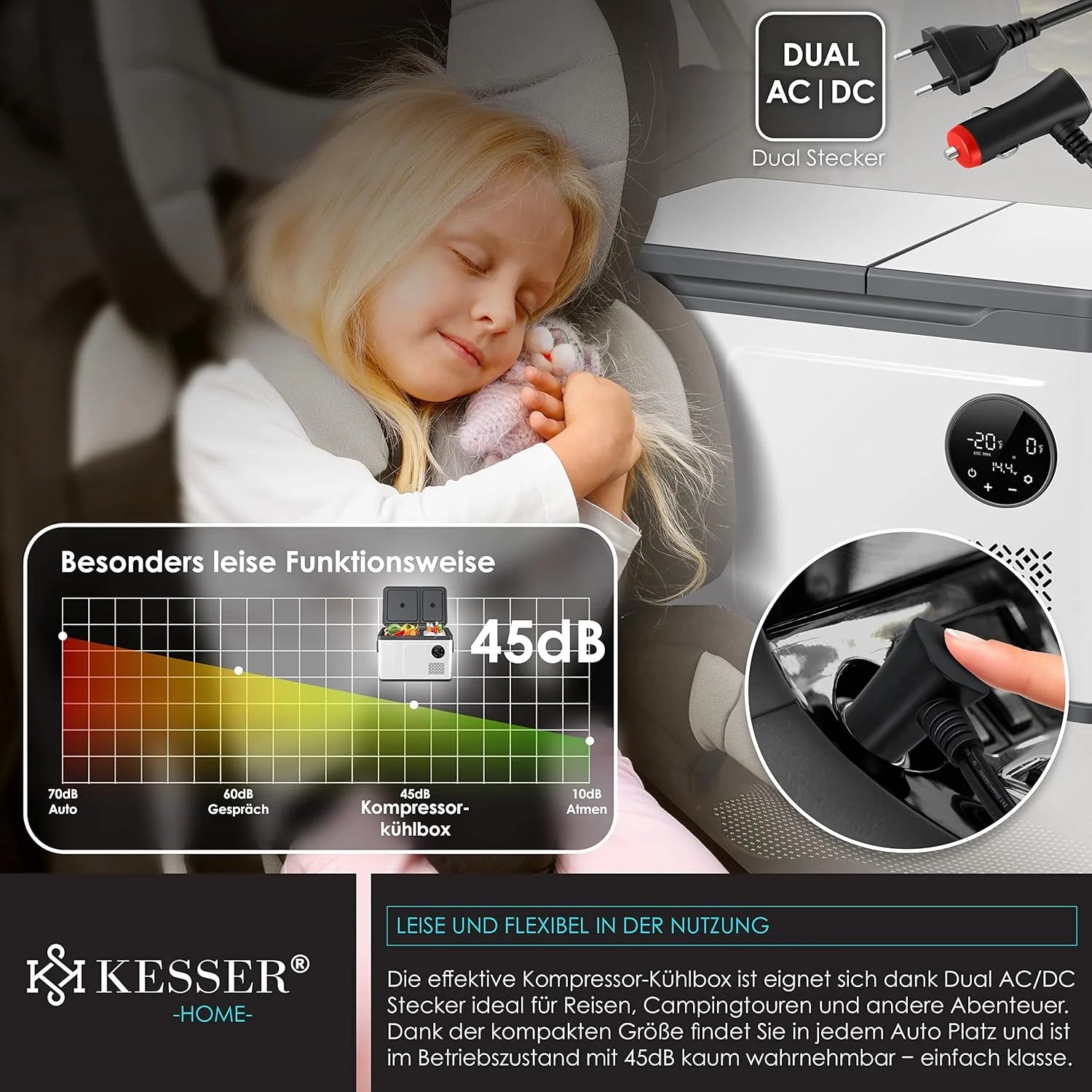 KESSER® Frigorifero portatile a compressore 2in1 doppia zona frigo e congelatore, congelatore elettrico con 2 accumuli di freddo e controllo touch LED | Refrigerazione fino a -20 °C per campeggio, auto, camion 12/24V 230V