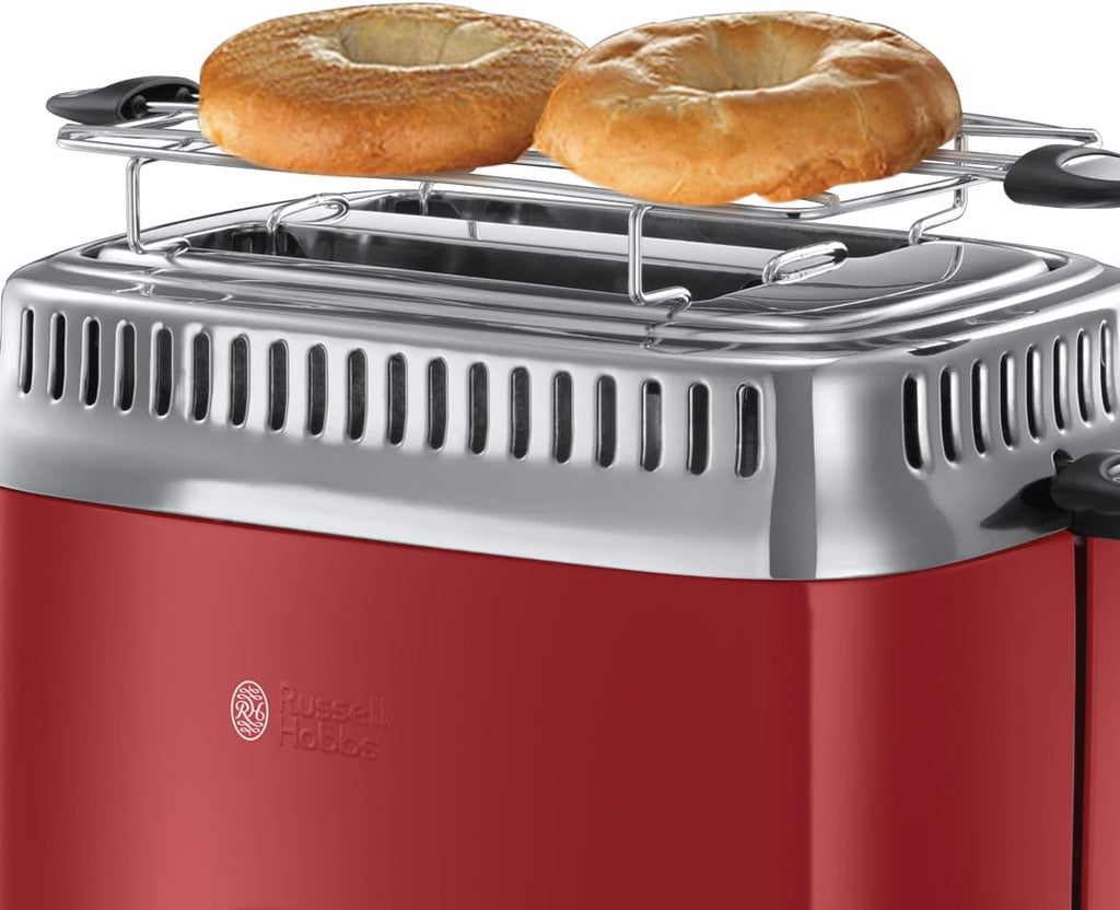 Russell Hobbs Tostapane [a 2 Fette] Retro Acciaio Inossidabile Rosso (Display Countdown in design retrò, incluso accessorio per panini, 6 livelli di doratura + funzione scongelamento e riscaldamento, 1300W) Vintage 21680-56