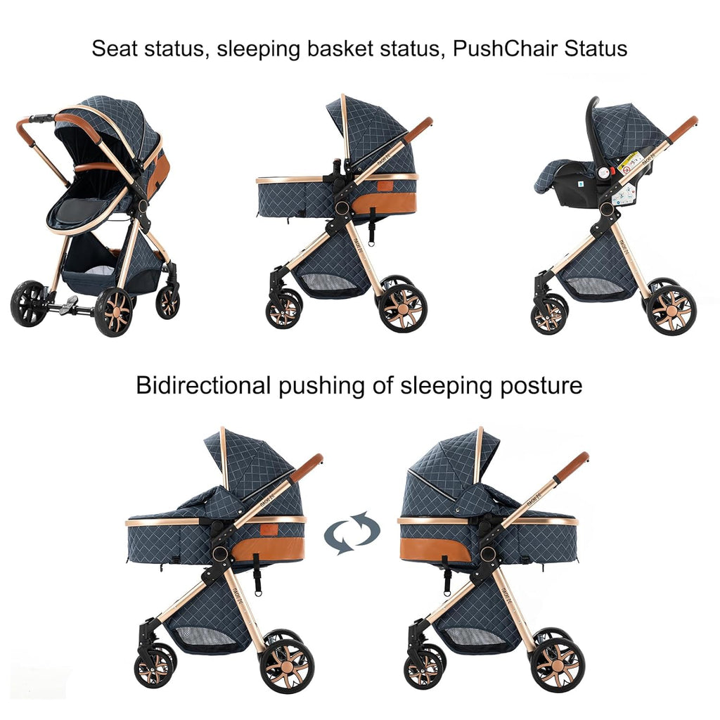 Sianldcone Passeggino 3 in 1, Set Passeggino con Tessuti di Alta Qualità, Sistemi di Viaggio con Spinta Reversibile, Passeggino Combinato a Vista Aperta Set Completo 3 in 1 (V9 Cachi)