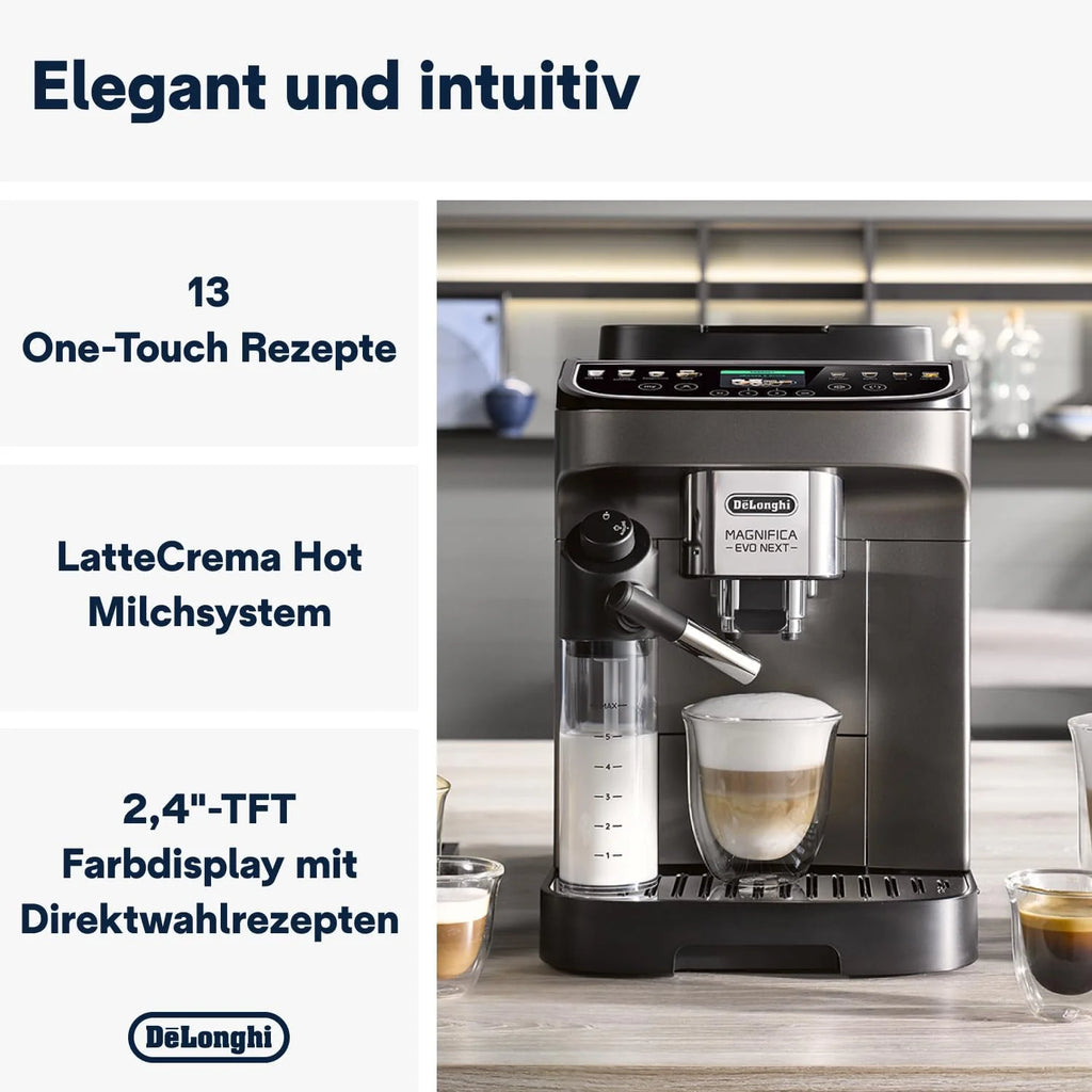 De'Longhi Magnifica Evo Next ECAM312.80.TB, Macchina automatica per caffè con 13 bevande (Cappuccino, Espresso, Latte Macchiato), Display a colori TFT da 2,4'', Sistema latte LatteCrema, Funzione 2 tazze, Titanio