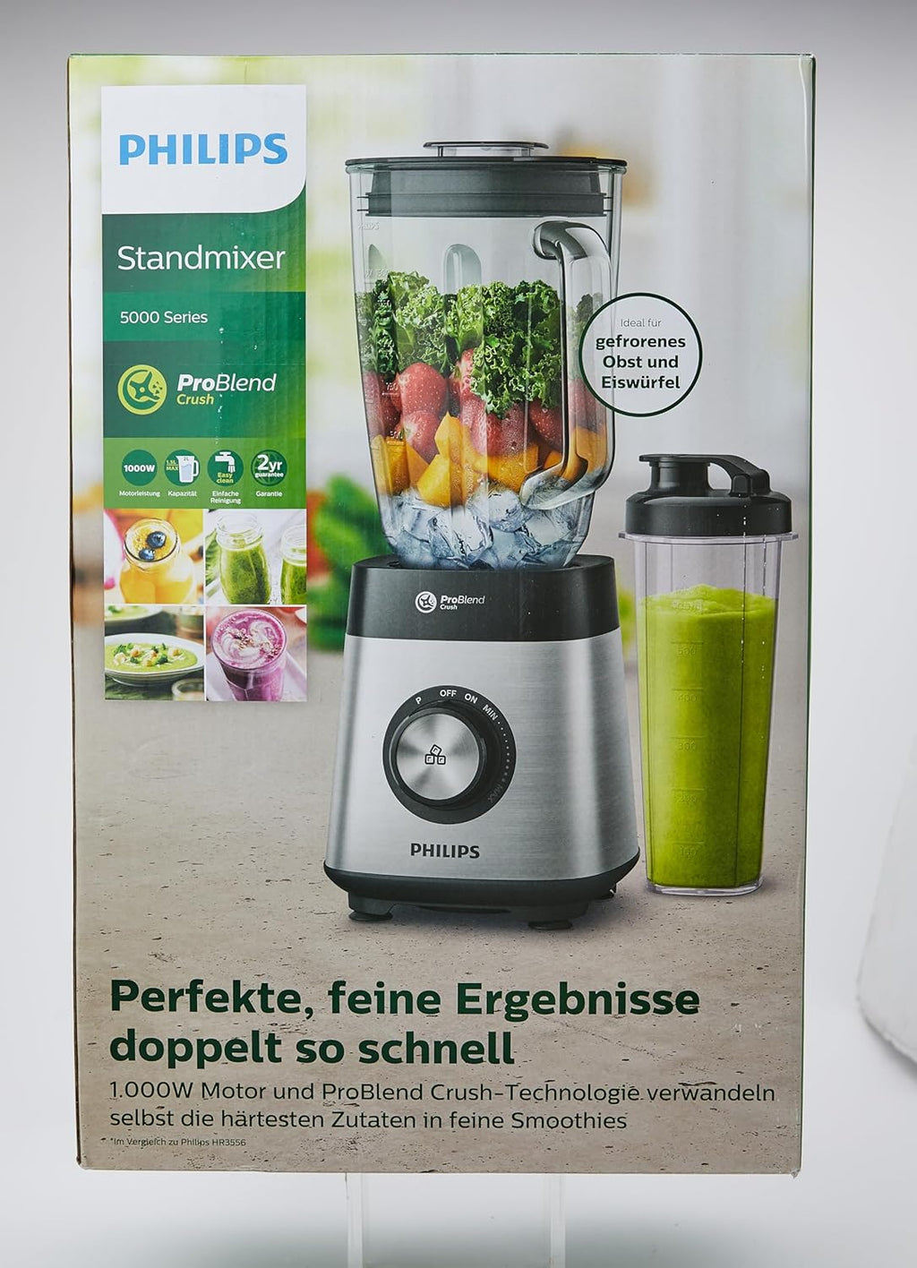 Philips Frullatore da tavolo e per smoothie – 1000 W, caraffa in vetro da 2 litri, app HomeID, velocità variabile, ProBlend Crush, bicchiere da viaggio (HR3573/90)