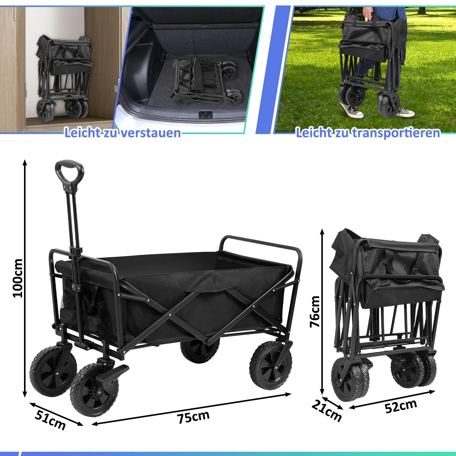 Sonnewelt Carretto pieghevole Carrello da trasporto Portata 100 kg