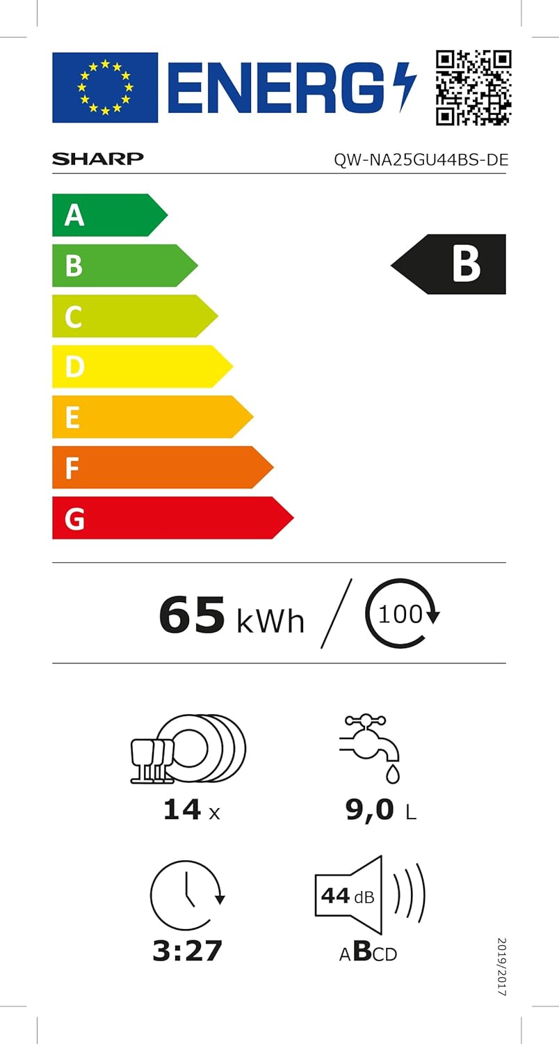 Sharp Lavastoviglie da incasso | 60 cm | 14 coperti | 8 programmi | AquaStop | Auto-Door | Motore Inverter | AquaGlide + WaterBlade | silenziosa 44 dB | Classe energetica B | QW-NA25GU44BS-DE