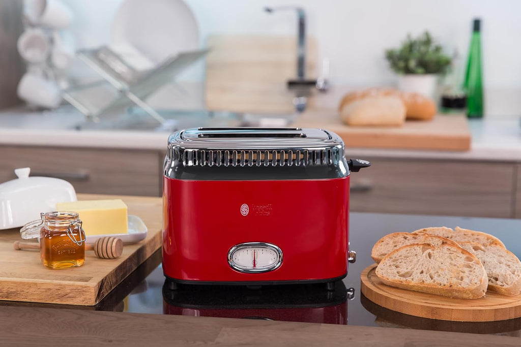 Russell Hobbs Tostapane [a 2 Fette] Retro Acciaio Inossidabile Rosso (Display Countdown in design retrò, incluso accessorio per panini, 6 livelli di doratura + funzione scongelamento e riscaldamento, 1300W) Vintage 21680-56