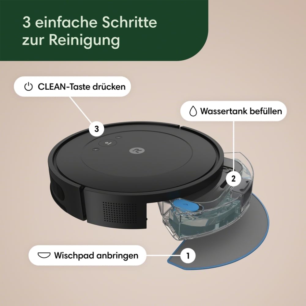 Robot aspirapolvere e lavapavimenti iRobot Roomba Combo Essential (Y0112), potente aspirazione e lavaggio, sistema di pulizia a 4 fasi, 3 livelli di aspirazione, pulizia Spot, controllabile tramite app, pulsanti o voce, Bianco
